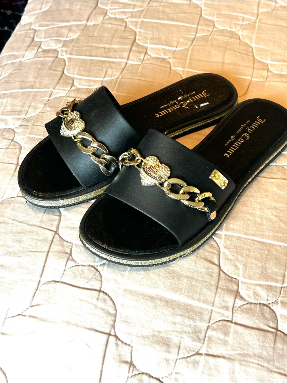 Juicy Couture Black Slide Sandals with Gold Chain Heart Accent